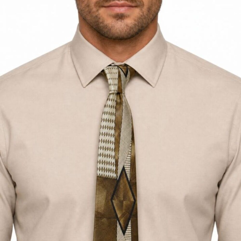 VTG Men's Unique Brown Tan Ivory Abstract Geometric Print Polyester Tie